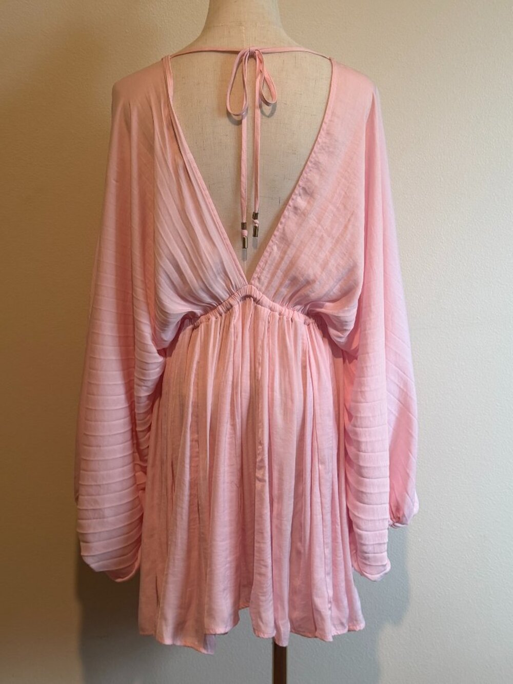 Free People Pink Boho Pleated Long Sleeve Mini Slip Dress S - Picture 6 of 8